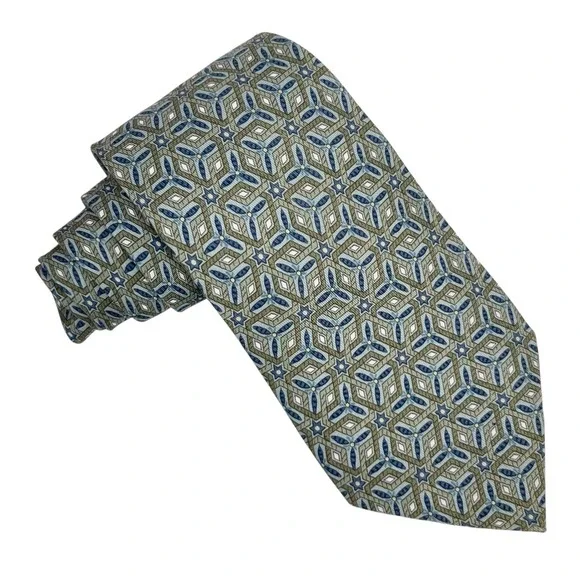 Hermes Men's Tie Geometric Star Kaleidoscope Green/Navy Silk 7662 TA 3.5 x 59